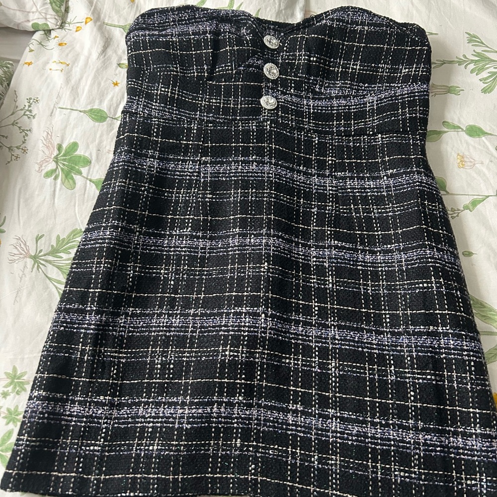 Chic Black and White Plaid Strapless Dress